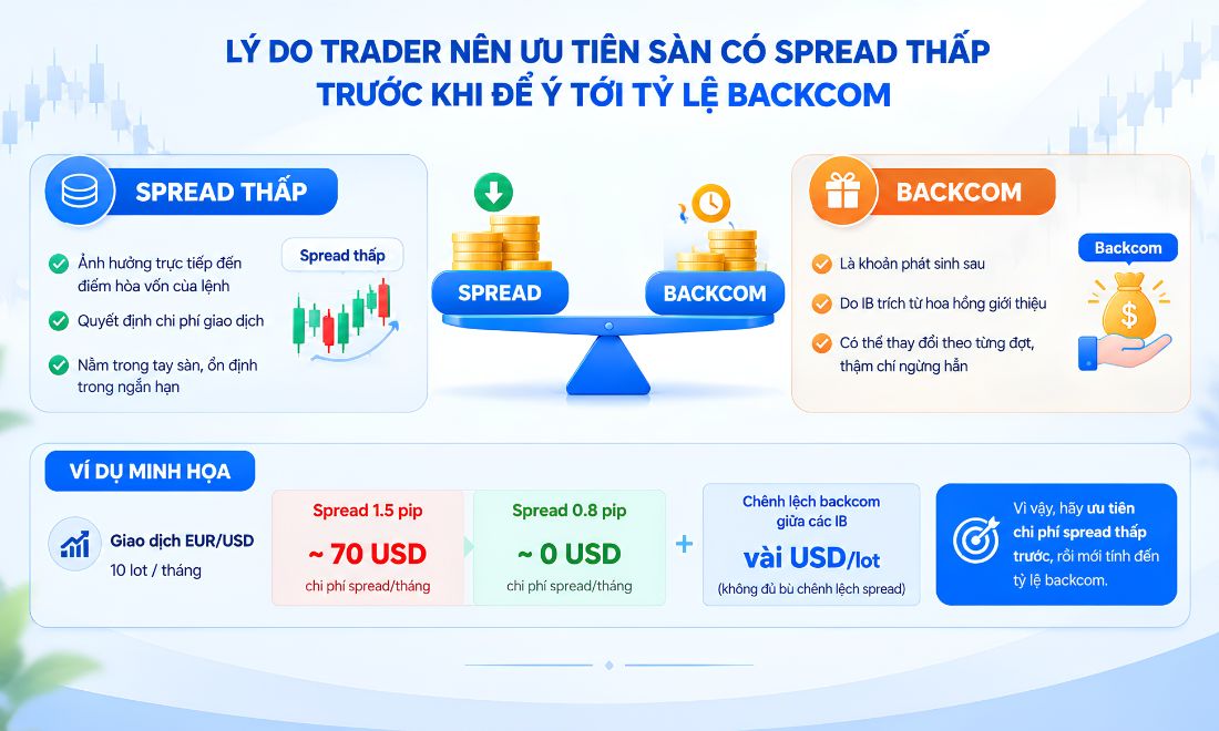 Khi chọn sàn giao dịch, nhà đầu tư nên ưu tiên sàn có spread thấp, trước khi để ý tới tỷ lệ backcom trên sàn đó 