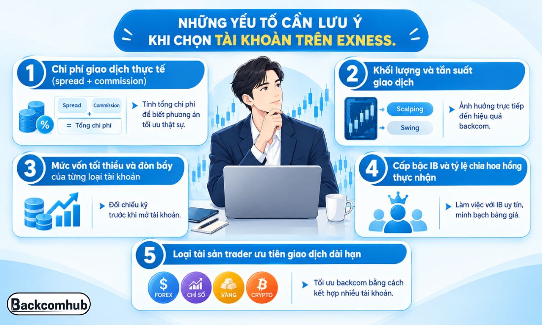 Khi chọn tài khoản giao dịch trên sàn Exness, ngoài yếu tố backcom cao nhất, trader còn cần phải lưu ý tới nhiều yếu tố khác
