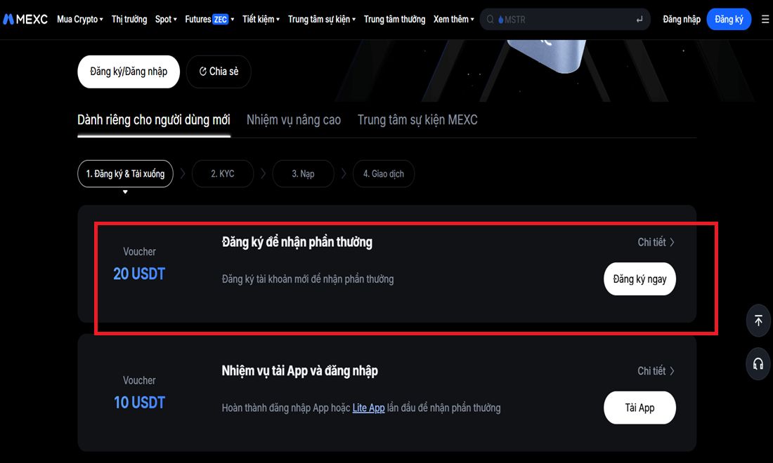 Nhiệm vụ đầu tiên là đăng ký tài khoản mới với phần thưởng là 20 USDT 