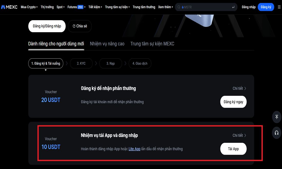 Nhiệm vụ thứ hai là tải app và đăng nhập trên app lần đầu thì sẽ được nhận voucher 10 USDT 