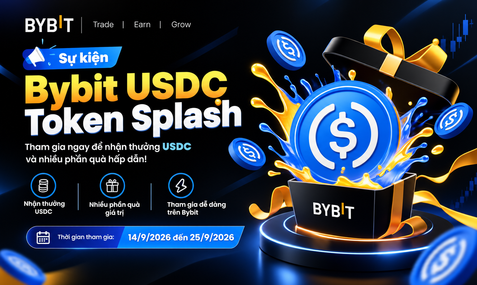 Tham gia sự kiện Sự kiện Bybit USDC Token Splash ngay để cùng nhau chia phần thưởng trị giá 100.000 USDC. 