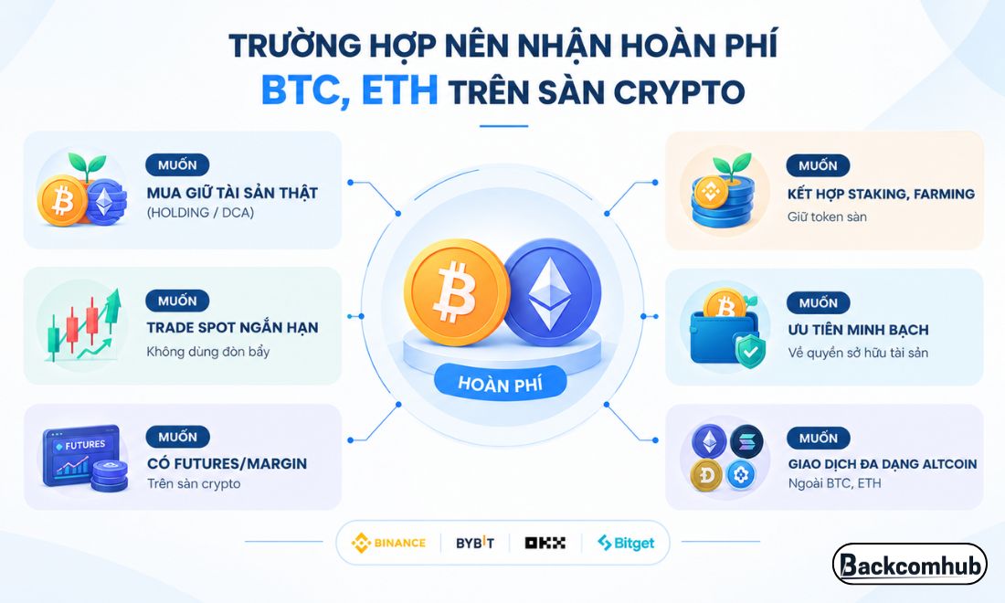 Các trường hợp nhà đầu tư nên đăng ký backcom để nhận hoàn phí giao dịch BTC hay ETH trên các sàn crypto như Binance, Bybit, OKX,...