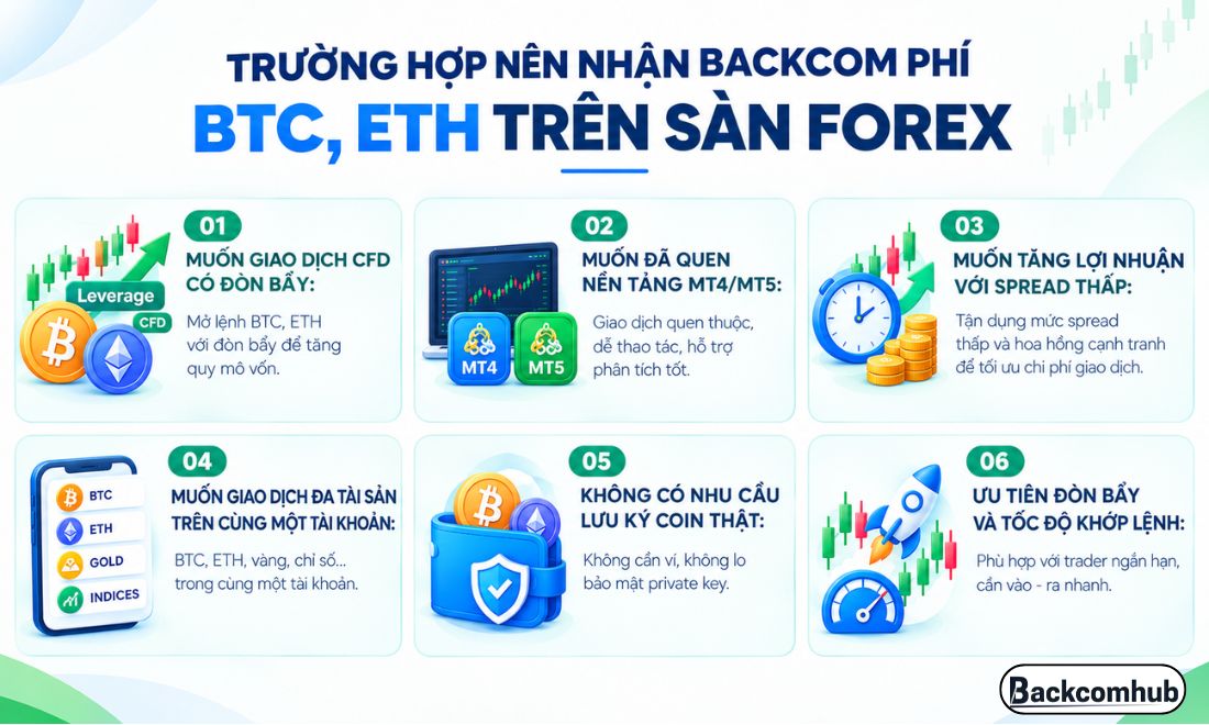 Các trường hợp trader nên đăng ký backcom BTC, ETH,...trên các sàn forex thay vì sàn crypto 