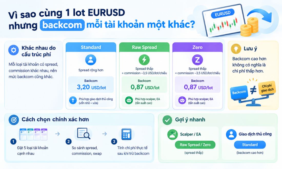 Lý do giống 1 lot EURUSD nhưng backcom mỗi tài khoản khác