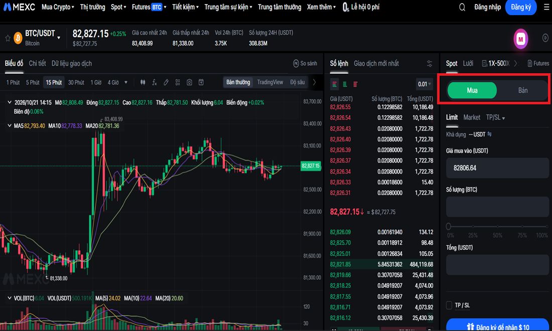 Bấm nút "Mua" hoặc "Bán" coin dưới dạng spot trên Mexc