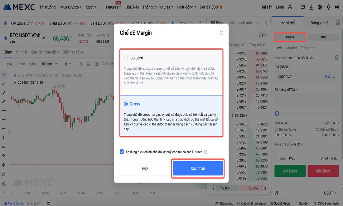 Chọn chế độ margin khi chơi futures trên Mexc