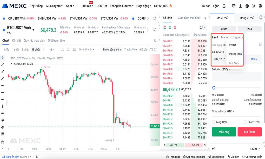 Chọn loại lệnh futures trên Mexc