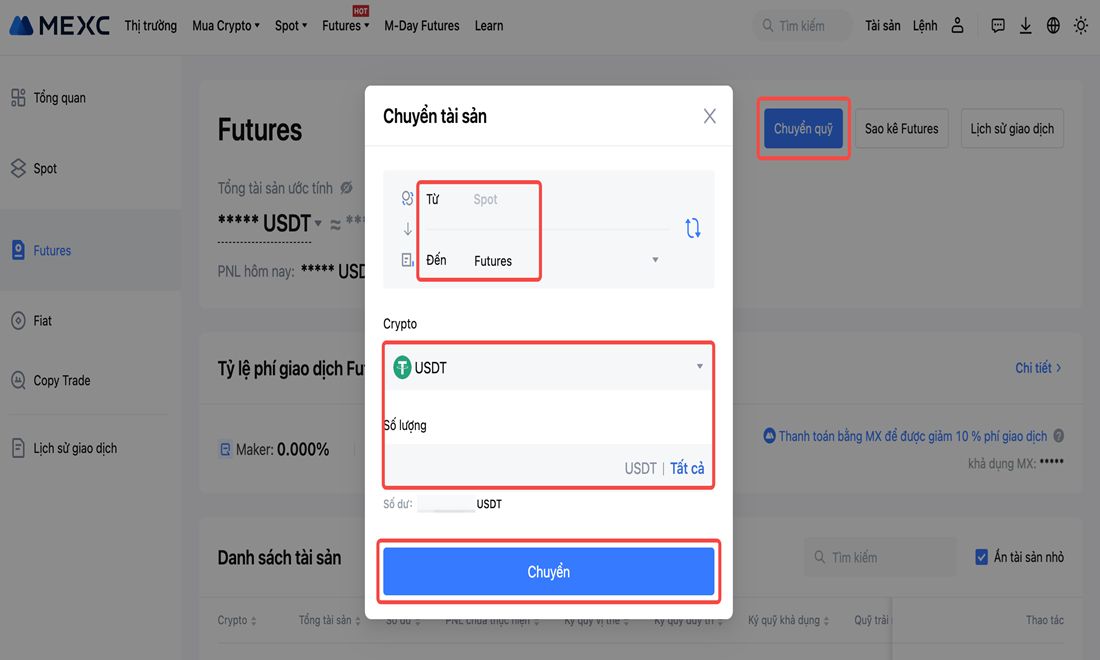 Chuyển tiền từ ví Spot sang ví Futures trên Mexc