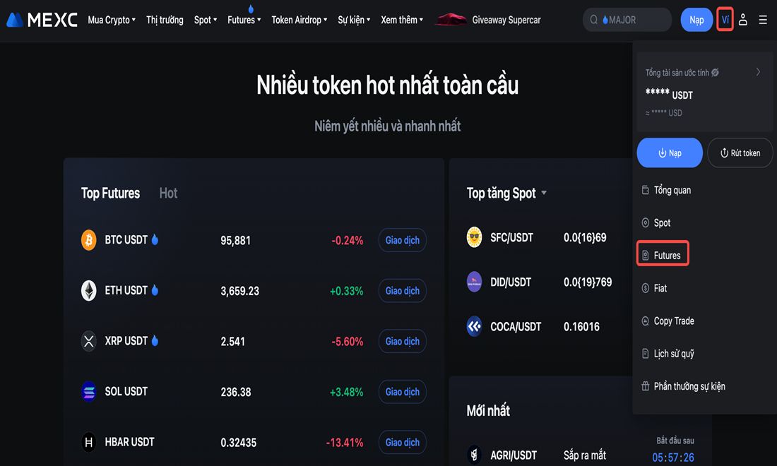 Thực hiện chuyển tiền vào ví Futures trên sàn Mexc