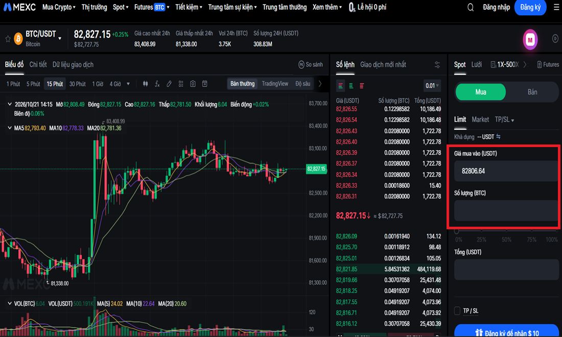 Nhập giá muốn mua và số lượng coin cần mua spot trên Mexc