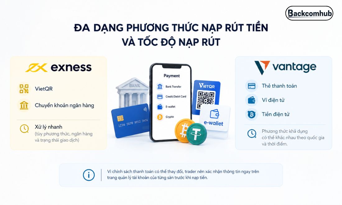 So sánh Exness vs Vantage về mức đô đa dạng của các phương thức nạp rút tiền và tốc độ nạp rút tiền 